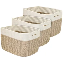 HMF Aufbewahrungskorb mit versteckten Griffen, 3er Set, Korb aus Baumwolle, 37,5 x 25 x 22,5 cm, Weiß-Braun
