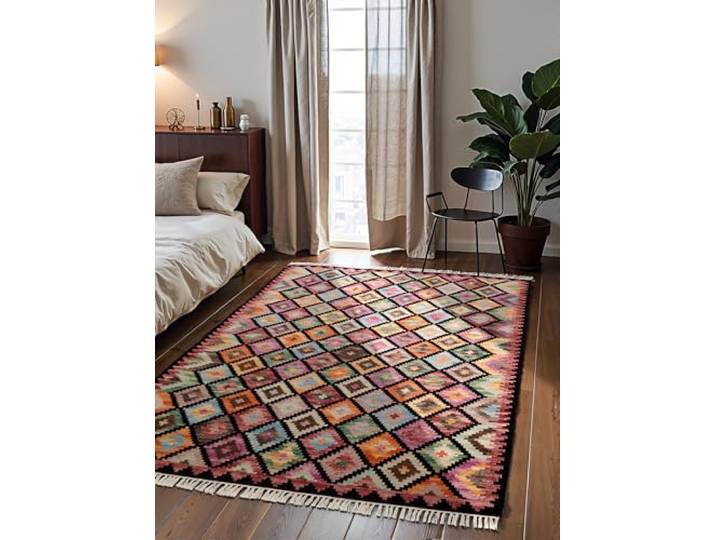 Hanse Home Afghan Kelim Teppich Zara - Bunter Traditioneller Teppich Handgewebt, Wolle & Baumwolle, Afghanischer Stil Oriental mit Fransen für Wohnzimmer, Schlafzimmer - Schwarz Multi, 160x230 cm