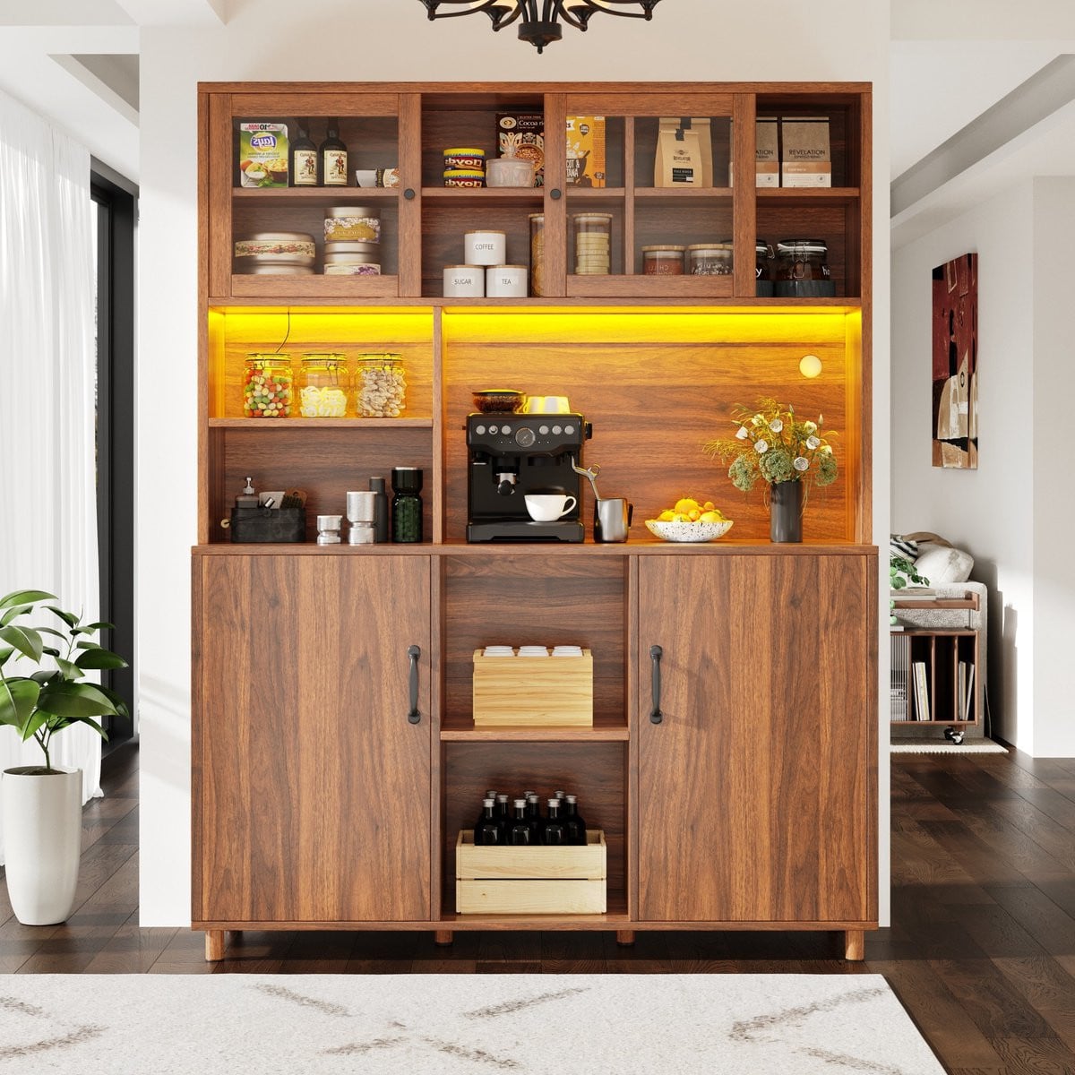 Sweiko Keukenkast Dressoir met LED-verlichting en Glazen Deuren in Walnootafwerking