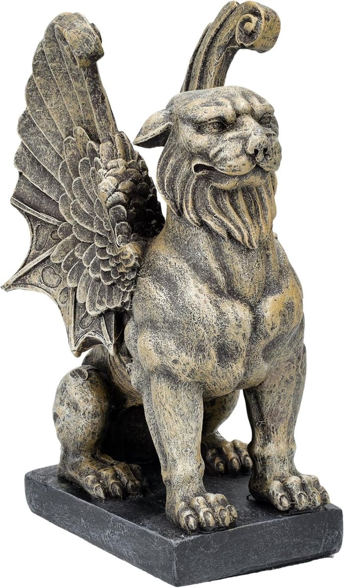 Gargoyle Leeuw Beeldje - Handbeschilderd Kunststeen - Beige - Hoogte: 16 cm