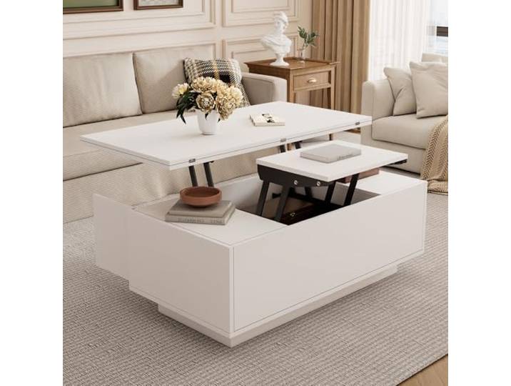 Merax Couchtisch mit Höhenverstellbarer Platte, Modern Wohnzimmertisch Kaffeetisch Ausziehbarer, Versteckter Stauraum, Türen, Multifunktional Sofatisch, Mitteltisch, Beistelltisch für Homeoffice, Weiß