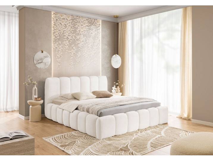 yourhouse24 Polsterbett MICANDI aus Bouclé inkl. Metallrahmen – Wolkenbett mit Bettkasten, Voluminöses Rillen-Design mit Gasdruckfedern & riesigem Stauraum