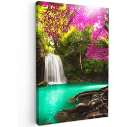 LEINWANDBILD Wasserfall mit bunten Blumen und Bäumen - Natur - Dschungel Deko Wohnzimmer 20x30 cm