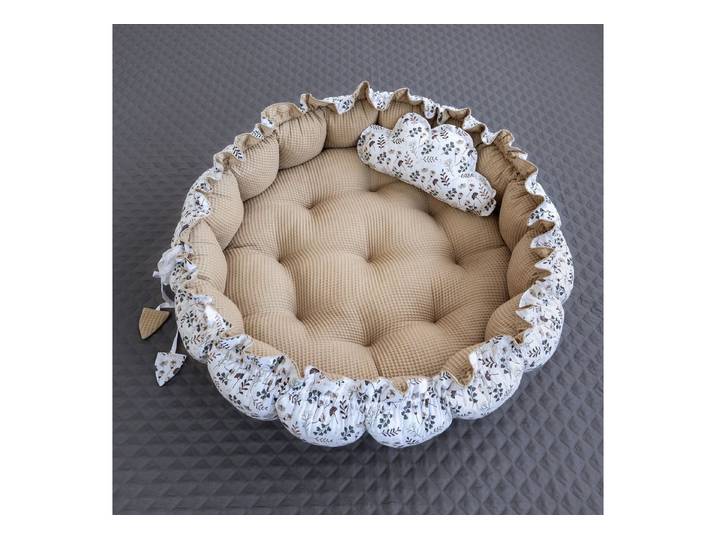 Loolay Baby-Reisebett Zweiseitig ENGELSNEST XXL Premium WAFFELPIQUE + Decke + Kissen, 2-tlg., Babynest TAUPE Beige/ BLUMEN BRAUN Baumwolle Krabbeldecke