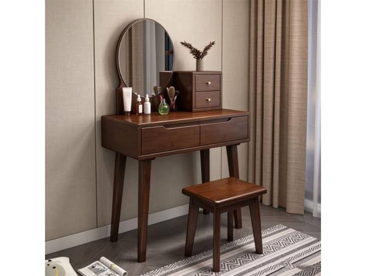 Schminktisch mit Spiegel und Hocker, Kleiner Schminktisch aus Massivholz Schminktisch-Set mit HD-Spiegel,4 Schubladen und L-förmigem Geländer für Frauen und Mädchen im Schlafzimmer(walnut1)