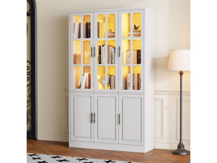 Bibliotheque vitrine 121 5×41×200cm 6 portes de placard vitrine en verre LED meuble de salon 121 5cm large