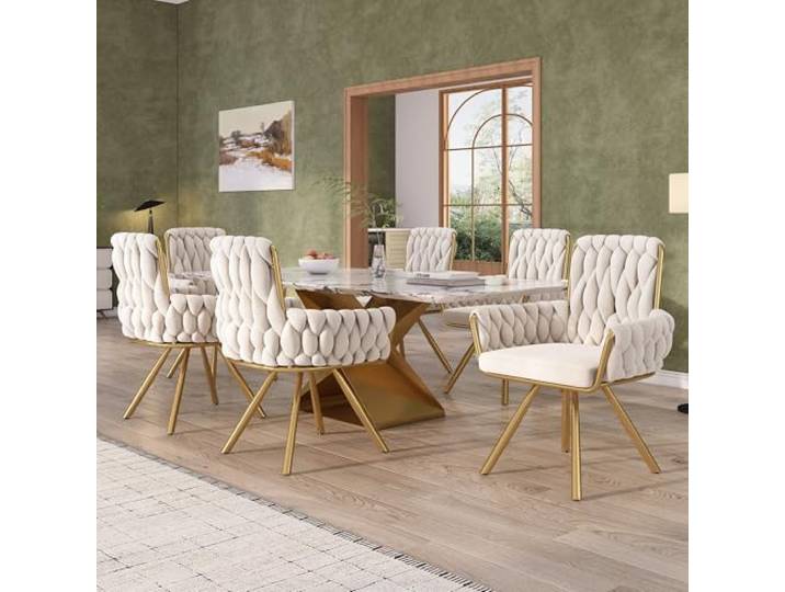 ModernLuxe Samt-Esszimmerstuhl 6er Set, Drehstuhl mit 360° Funktion, luxuriöser Sessel für Wohnzimmer und Schlafzimmer, Beiger Samtbezug, Metallbeine, Moderne Armlehnen