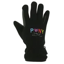 EKKIA Equitheme Kinder Winter Fleece Handschuh schwarz mit bunter Aufschrift, Alter: 9-12 Jahre