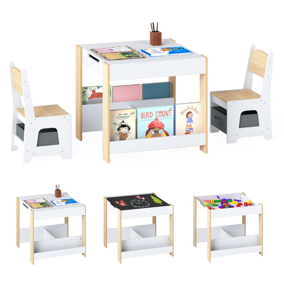 Costway Kindertafel en Stoelset met Opklapbaar Blad, Boekenplank en Lades - Naturel