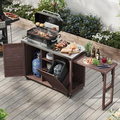 Kodotan sofa "78.3"" Outdoor Kitchen Island with Foldable Grill Table, Wooden Outdoor Grill Cart with Trash Can Storage & Stainless Steel Top"