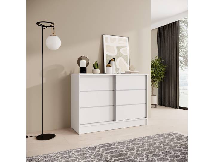 BEAUTYSOFA Kommode MIRELA 120 cm Weiß/Weiß, Sideboard mit 2 Schiebetüren, Highboard mit dekorativen Zierleisten, Moderne Anrichte, Viel Stauraum