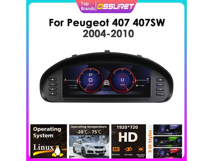 Tableau de bord numérique pour voiture de 10,25 pouces pour Peugeot 407 407SW 2004 - 2010, affichage du compteur de vitesse, écran LCD automatique, tableau de bord virtuel