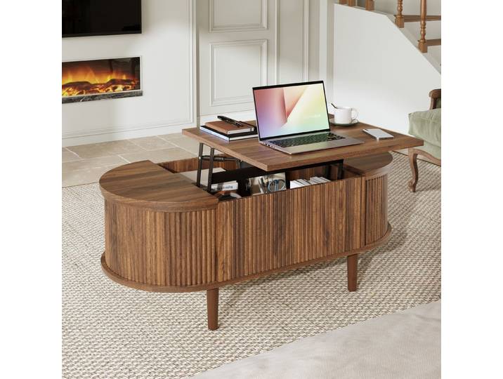 REDOM Couchtisch Vintage-Wohnzimmertisch mit vertikalen Streifen & Ovalform (Packung, 1-St., Walnuss, 100×53,5×48 cm, hebbare Platte), Retro-Luxus, konische Massivholzbeine