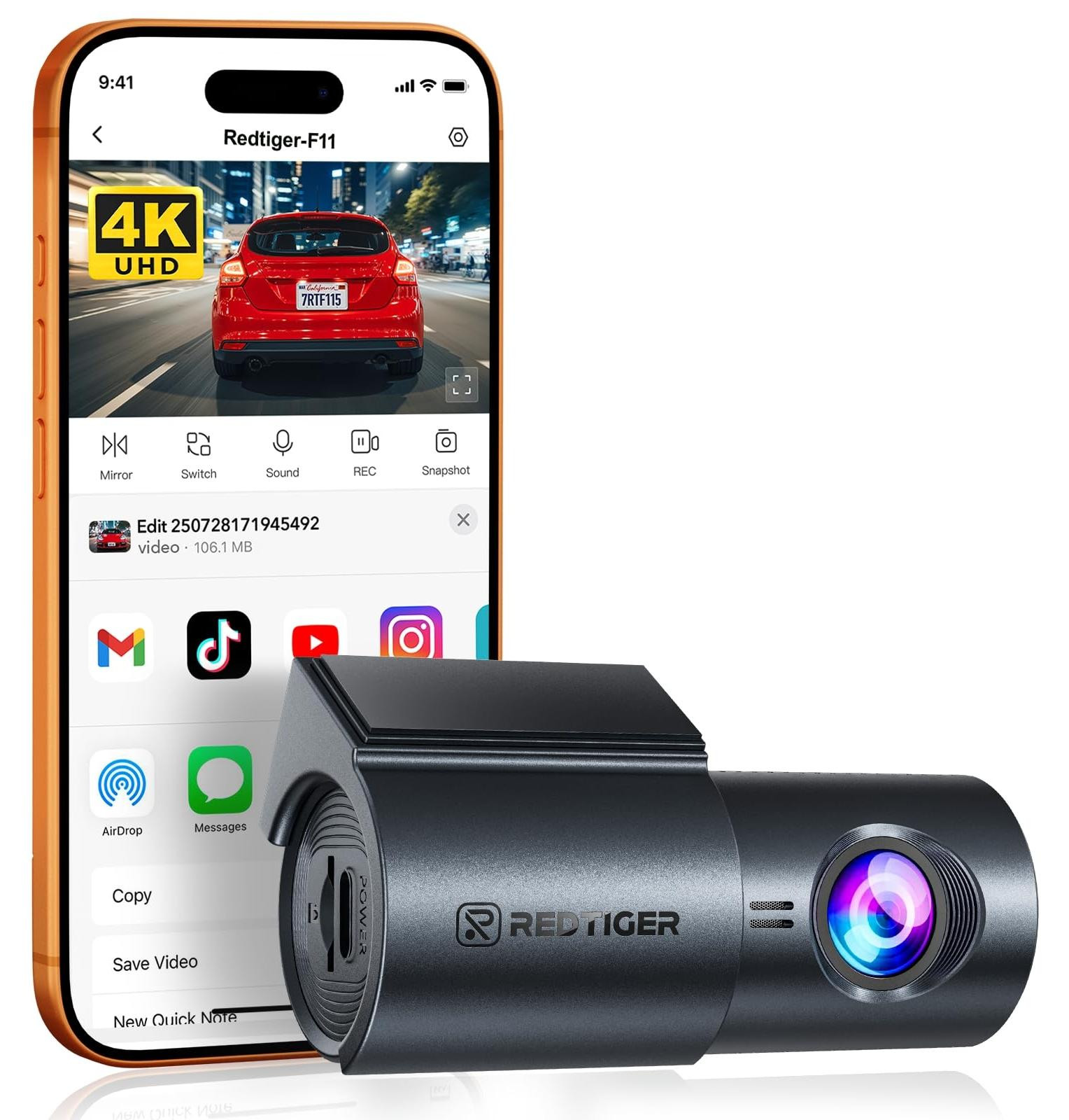 Selius 4K Dashcam voor auto met wifi en nachtzicht