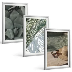 BILDER SET 3er Set - 40x60 cm Silberner Rahmen - Tropische Pflanzen für den Urlaub