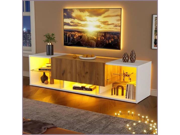 Console TV 3 Tiers avec LED - Pour TV jusqu'à 70  - 2 Tiroirs & Verre - Blanc + Chêne Naturel