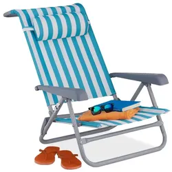 Relaxdays Klappbarer Liegestuhl mit Nackenkissen Weiß,Blau,Silber