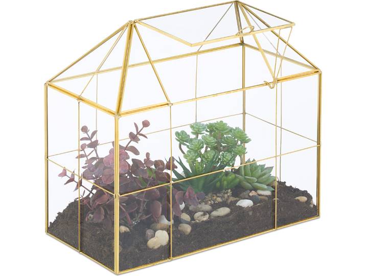 Terrarium végétal Relaxdays\, verre et cuivre\, dimensions : 27 x 30 x 15 cm. Serre décorative pour cactus et mousse\, vitrine en verre pour rebord de fenêtre\, dorée