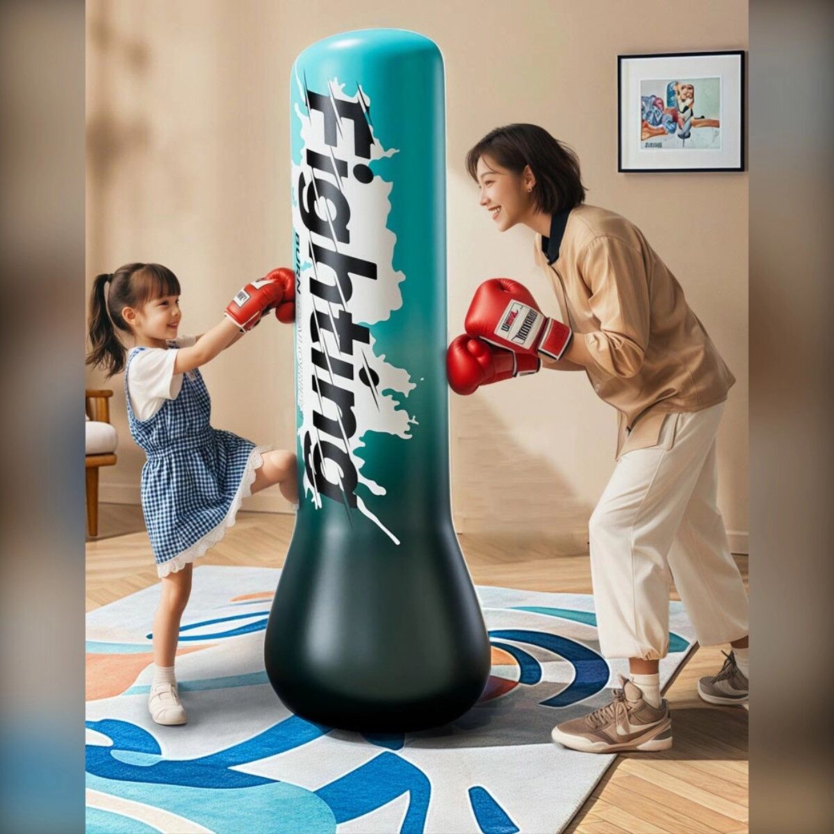 INF Colonne de frappe autoportante gonflable 1,5m - Sac de frappe PVC silencieux avec base stable et rebond 360°, pompe à pied