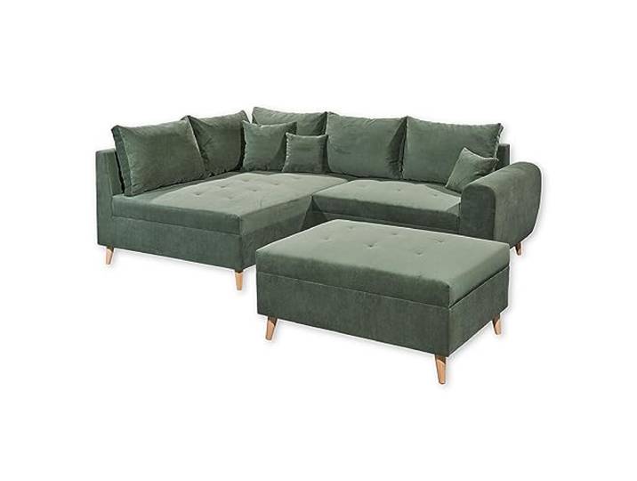 Stella Trading CALANDA Ecksofa mit Hocker, Stoffbezug Moosgrün - Moderne Eckcouch mit Kissen & Massivholz Füßen - 249 x 94 x 175 cm (B/H/T)