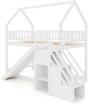 Costway Twin Over Twin Bunk Bed with Slide and Staircase-White