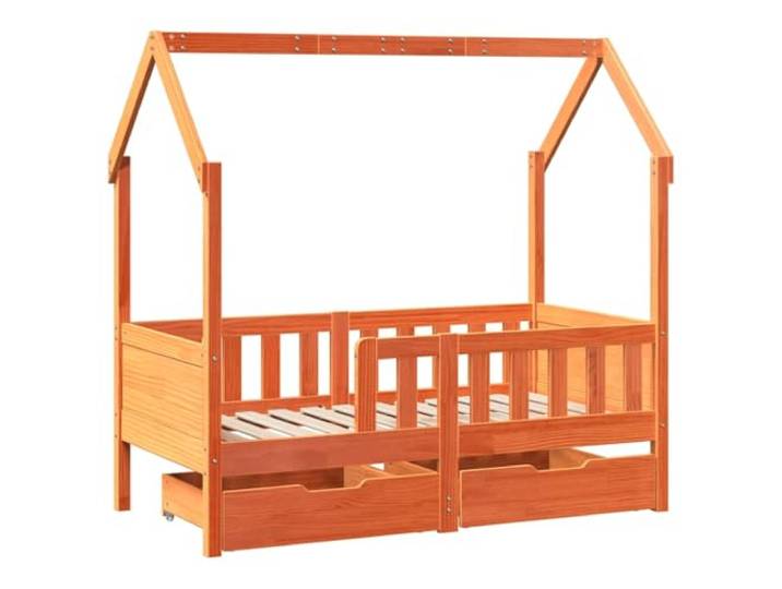 KTHLBRH Bettgestell für Kinder, 80 x 160 cm, Kiefernholz, mit 2 Schubladen Design Haus, Sizza-Gitter, offenes Dach, Räder, Braun Wachs