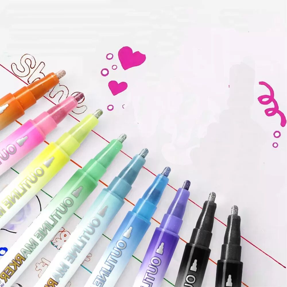INF 8 Stk. 16 Farben Doppel-Linien-Umrissstifte Set - Metallic Glitzer Marker für Kunst, Scrapbooking