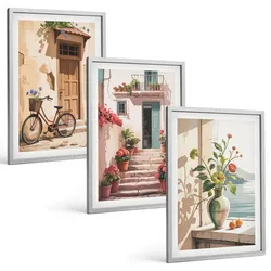 BILDER SET 3er Set - 40x60 cm Silberner Rahmen - Straßen, Blumen und Fahrräder