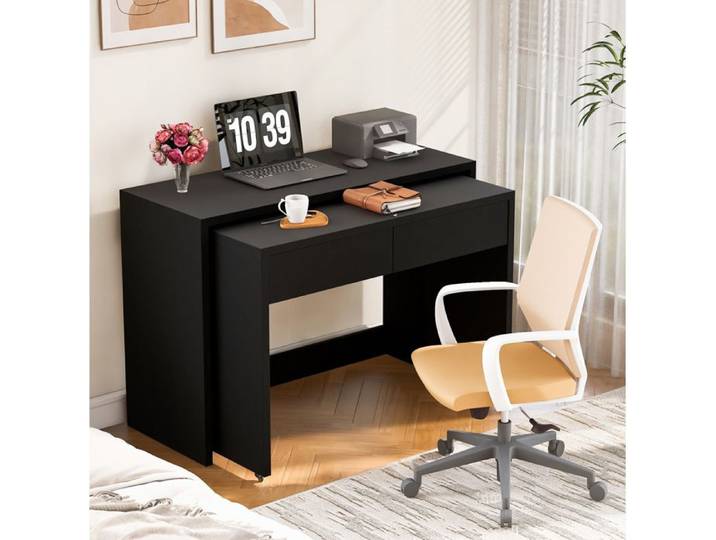 Bureau 2-en-1 extensible et pliable 110 x 40 x 78 cm avec 2 tiroirs et roulettes panneaux de particules noir