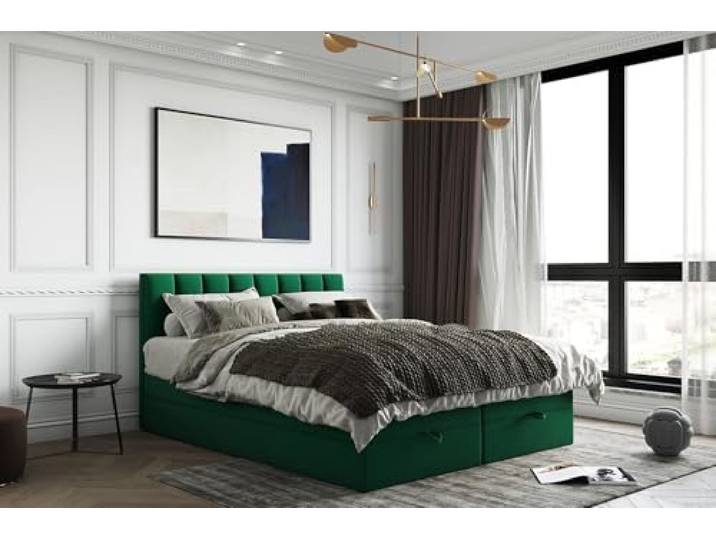 TRADA Boxspringbett, 140 x 200 cm, Gusto, Grün Bett mit Topper aus Memory Visco und Bettkasten mit Gasautomaten