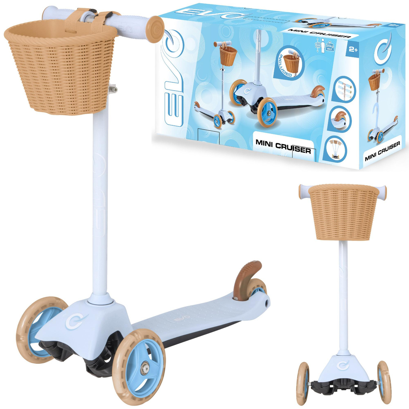 EVO Verstelbare Driewieler Kinderloopfiets met Mand, Mini Cruiser, Blauw