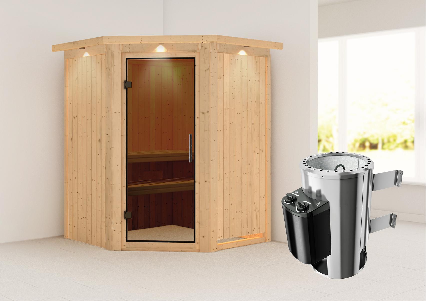 KARIBUHOLZT Sauna Nanja Eck 3,6kW int.Strg graphitf. GGT u. DK 16879959