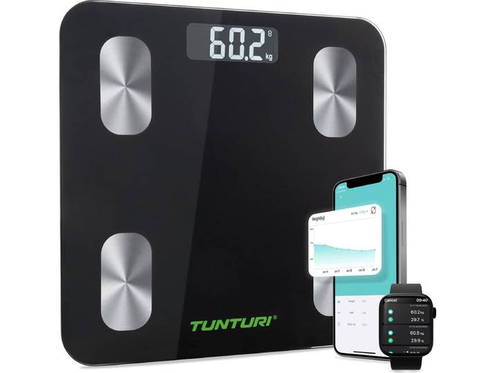 Tunturi Weegschaal - Personenweegschaal - Bluetooth - 180kg Gebruikersgewicht - Slimme weegschaal met app - Kleur: Zwart - incl. lichaamsanalyse
