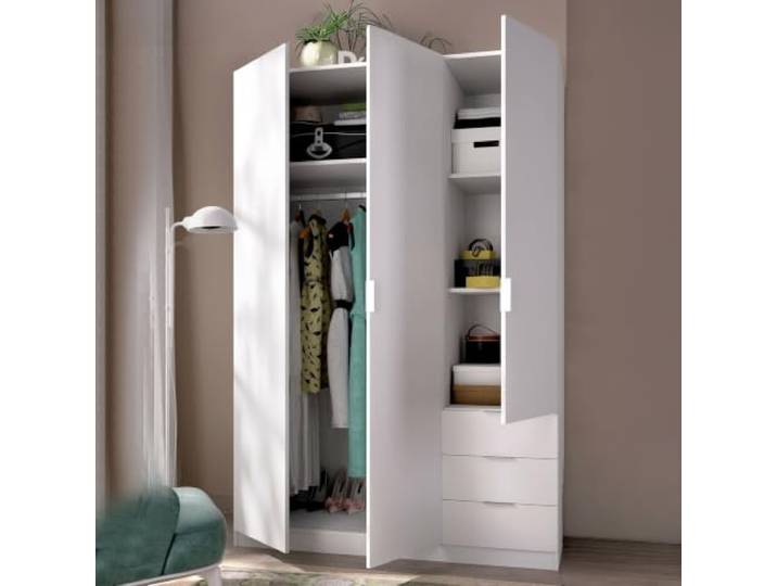 Dmora - Kleiderschrank 3 Türen Cimone, Kleiderbügel für Schlafzimmer, Kleiderschrank mit 3 Schubladen, 121x52h184 cm, Weiß