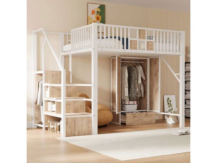 Lit mezzanine - WESTYLE - 140x200 cm - Armoire intégrée - Escalier rangement - Métal & bois - Blanc