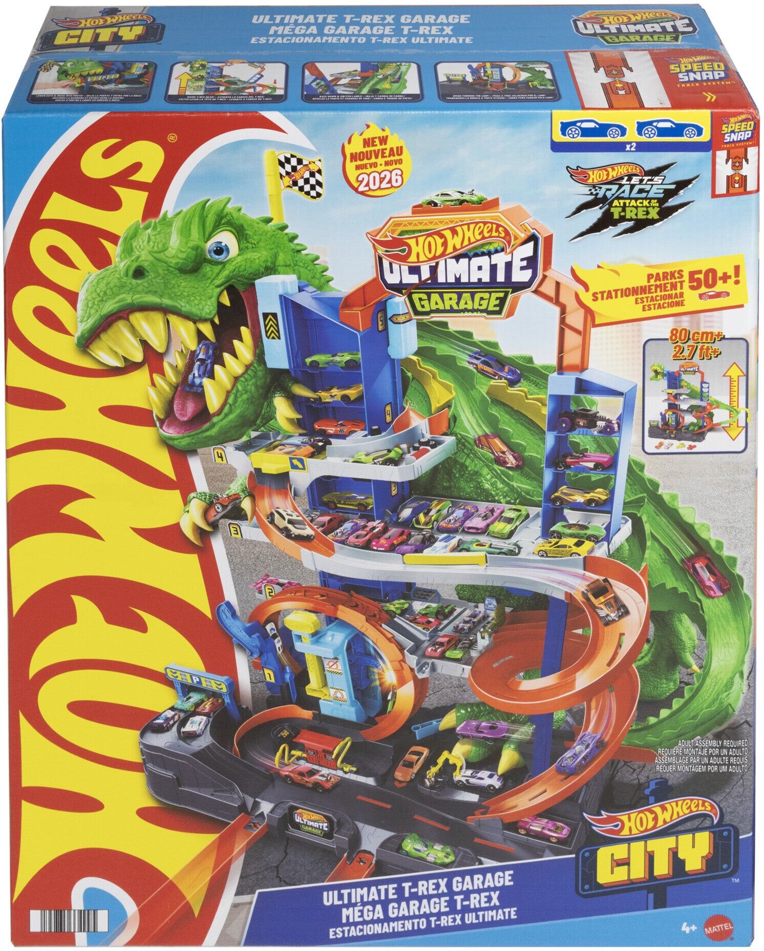 Hot Wheels City Ultimate T-Rex Garage Playset with 2 Cars for Kids - 1:64 Scale - Mattel