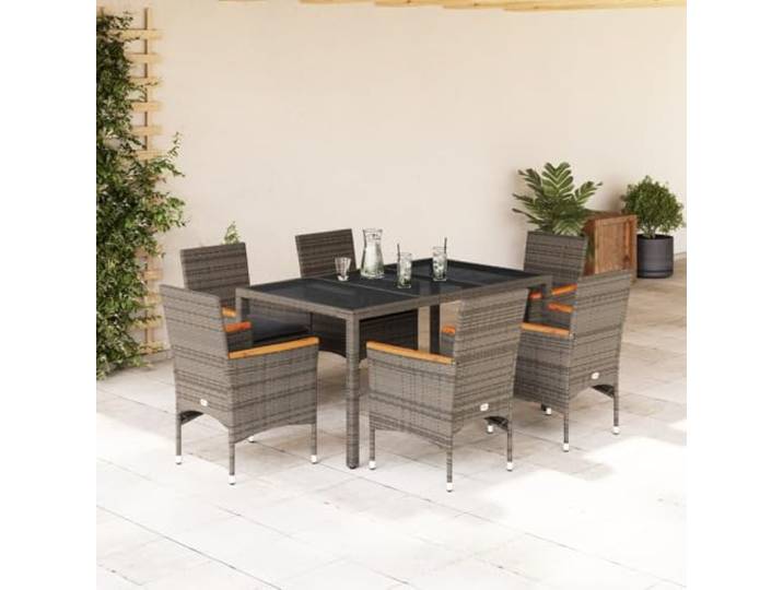 HEFZGDB 7-TLG. Garten-Essgruppe mit Kissen Grau Poly Rattan und Glas Tischplatte, Outdoor Esstischgruppe mit Polsterauflagen, Wetterfeste Gartenmöbel für Terrasse