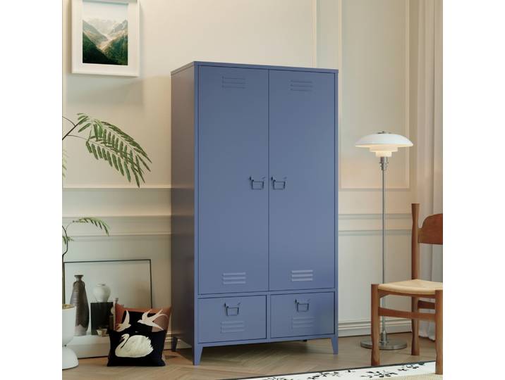 Armoire avec penderie en métal bleu gris 180cm