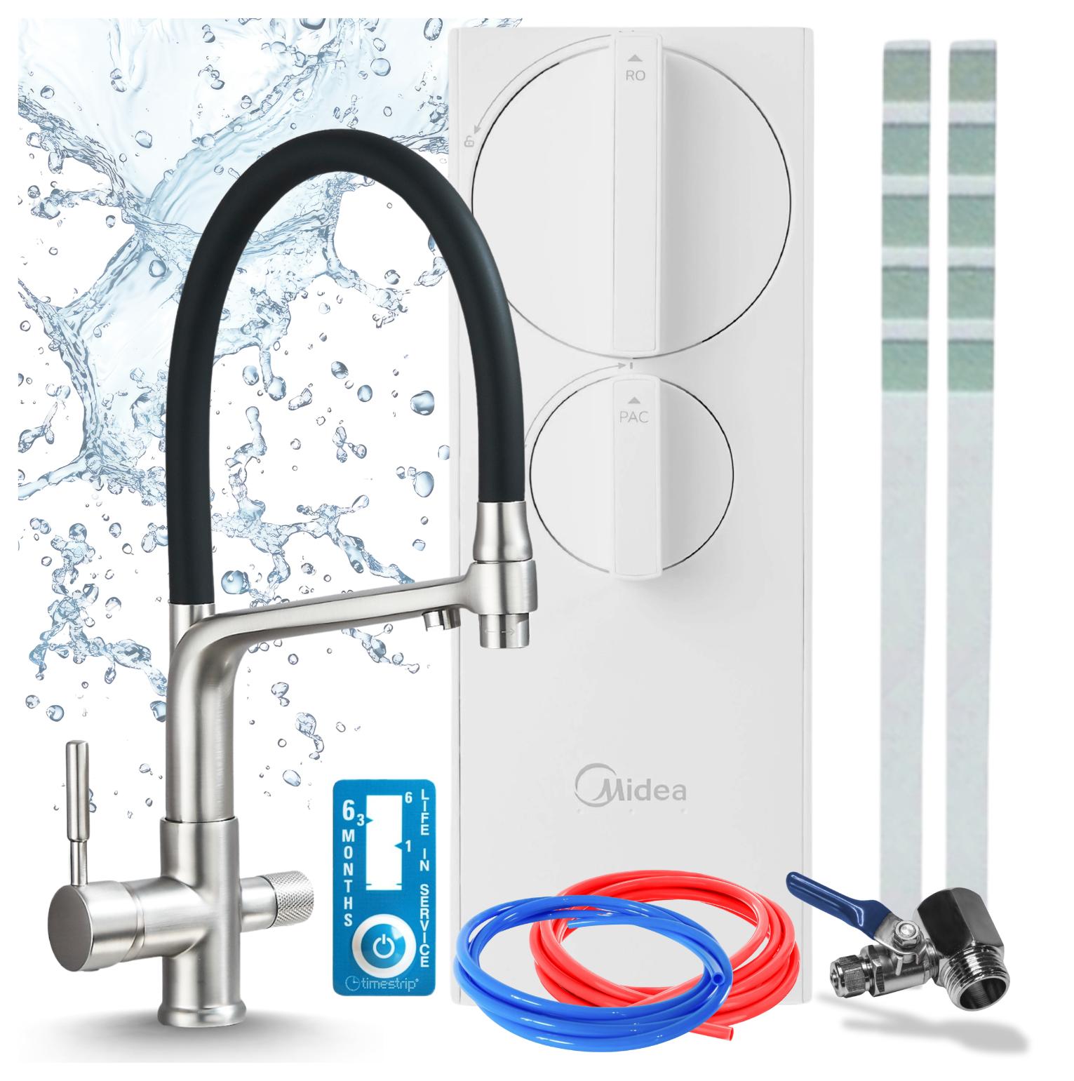 Küchenarmatur-Set Ari Flexible Mit Umkehrosmose-Wasserfiltersystem Ro5, Zweigriffarmatur, Messing, Keramikkartusche, Perlator, Inox, Untertisch