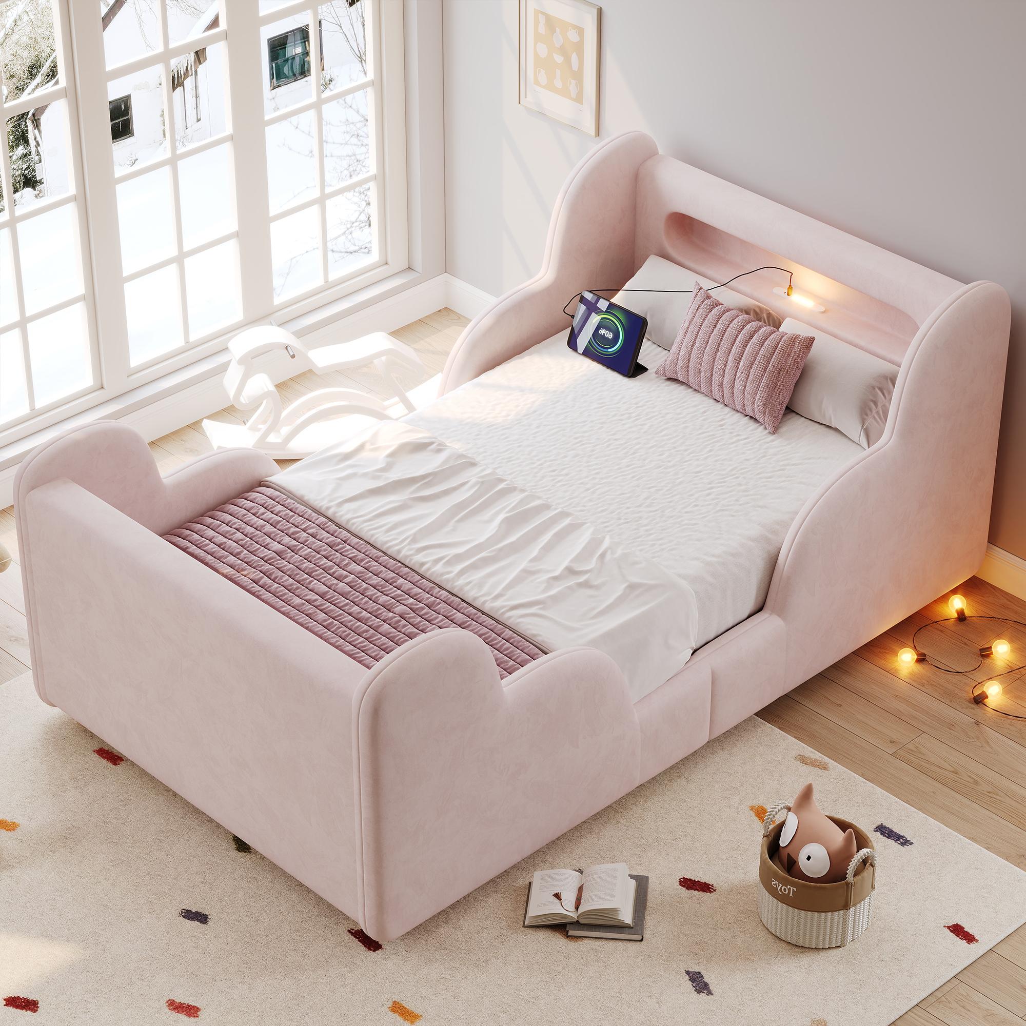 okwish Kinderbett 90×200 mit Matratze und Nachtlicht,Polsterbett mit USB und Type-C-Anschlüssen, Einzelbett mit Schutzgeländer, samt,Rosa
