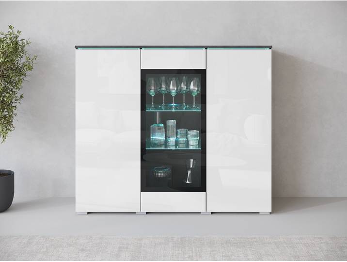 Highboard HOME AFFAIRE Vera , schwarz-weiss (matera anthrazit, weiß hochglanz), B:120cm H:103,3cm T:39,5cm, Sideboards, Highboard, Highboard mit 4 Türen, 9 Fächern, verglasten Türen