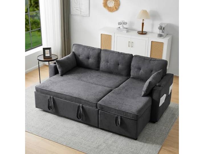 Merax Sofa Ecksofa mit Schlaffunktion, Praktisches Schlafsofa mit Bettkasten, Schlafcouch mit Stauraum, Getränkehalter und Seitentaschen, Modernes L-förmiges Couch für Wohnzimmer, Schlafzimmer, Grau