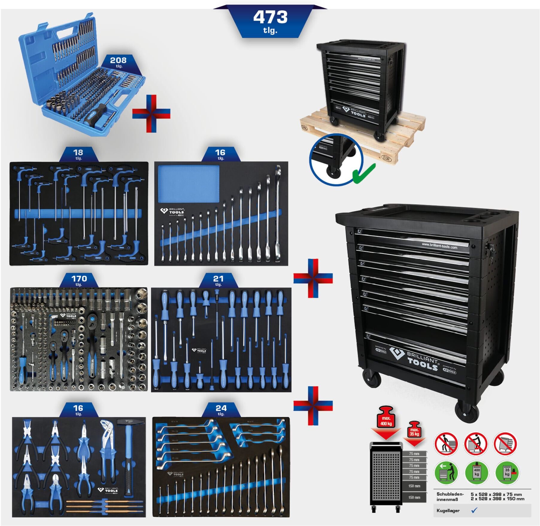 Brilliant Tools BT153473 Werkstattwagen mit 7 Schubladen und 473 Werkzeugen aus Stahlblech mit sieben Schubladen und einem Werkzeug-Sortiment)
