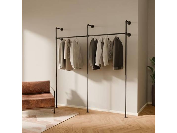 pamo Kleiderstange Wandmontage 201 x 222 cm – 240 kg Traglast Offener Kleiderschrank Kleiderständer industrial schwarz aus Metall Wasserrohren