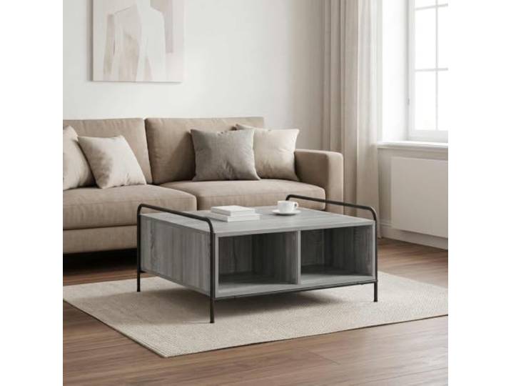 KMVXCVNM Couchtisch Sonoma-Grau 80 x 80 x 41 cm Wohnzimmertisch Vier Fächer für Zeitschriften im Wohnzimmer, stabiler Rahmen aus verzinktem Stahl und robuste Holzwerkstoff-Platte.