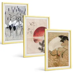 BILDER SET 3er Set - 40x60 cm Goldrahmen - Japanische Kraniche Landschaft