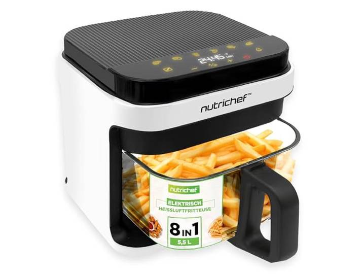NutriChef Airfryer Glas, PFOA-/PFOS-frei, 5,5L, 8 Kochprogramme Heißluftfritteuse mit 1200 Watt, Touchscreen und Auto-Abschaltung - mit wenig bis gar keinem Öl, Glaskorb spülmaschinenfest.