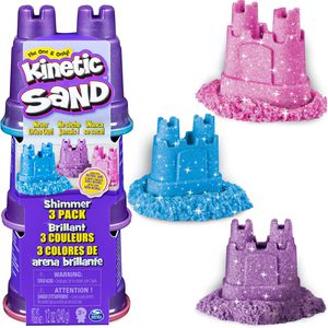 Kinetic-Sand Kinetischer-Sand Shimmers Multi Pack, 3 Farben, 340 g, Glitzersand, mit 3 wiederverschließbaren Burgenförmchen