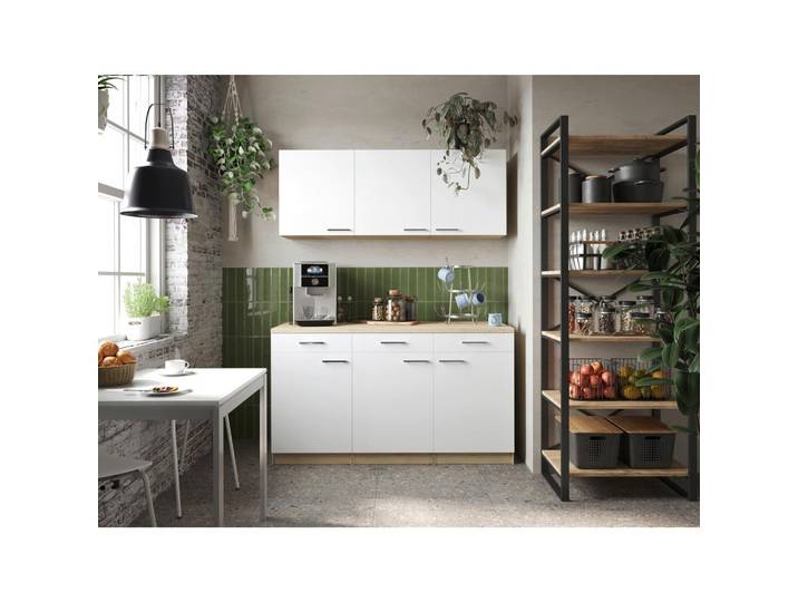 Miniküche, Weiß & Eiche, 150 cm, Metall, 3 Schubladen, Individuell Planbar, Modern