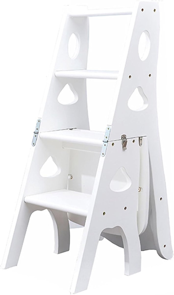 Multifunctionele houten vouwladder en trapkruk met opbergplank